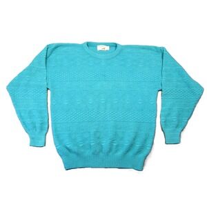 Vtg The Fox Collection Women Sweater L Turquoise Textured 3D Knit Cotton USA 80s